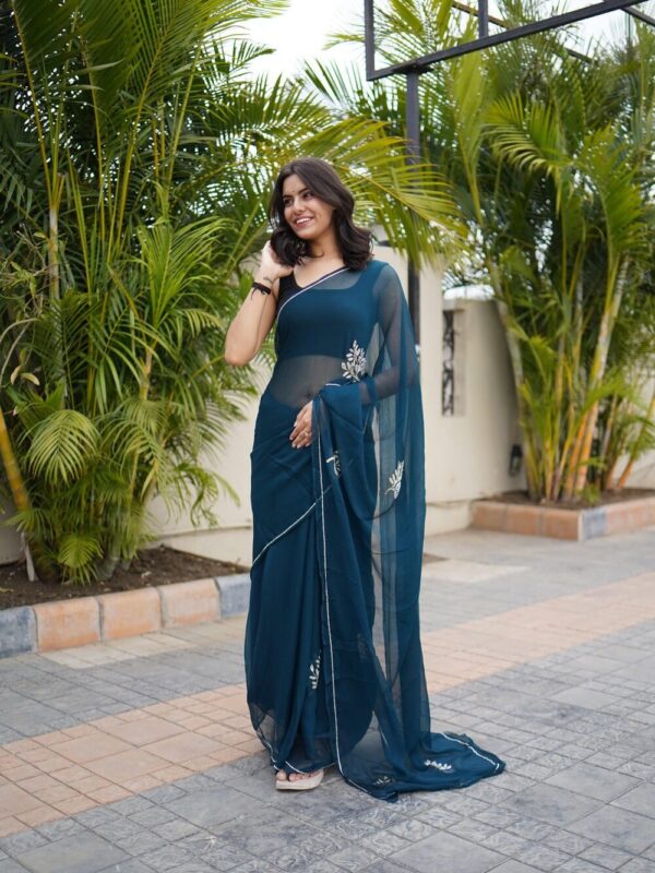 BLUE HANDWORK PURE CHIFFON SAREE