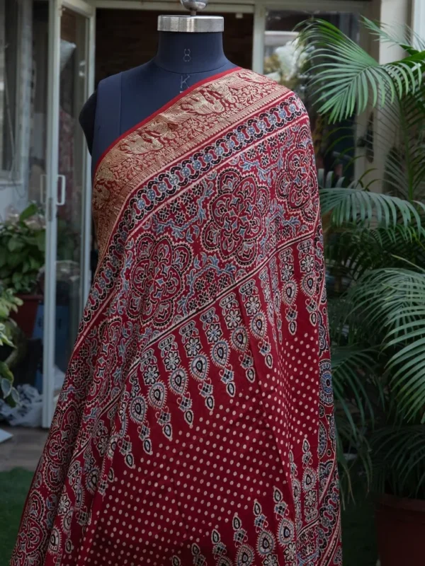 Pure dola silk Ajrak handblock saree with heavy pallu