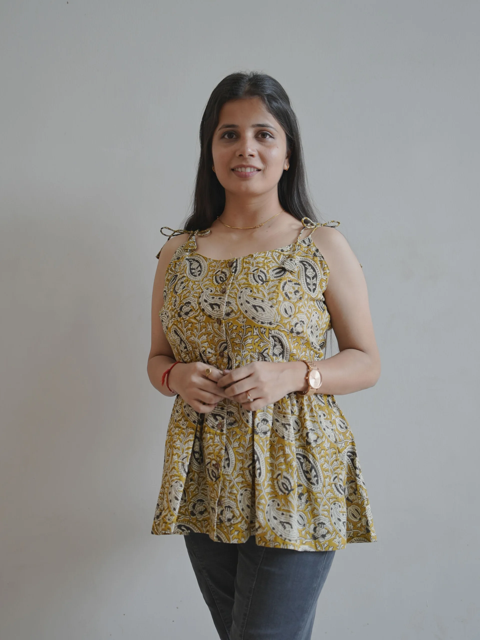 Mustard Handblock Cotton Tie Strap Top