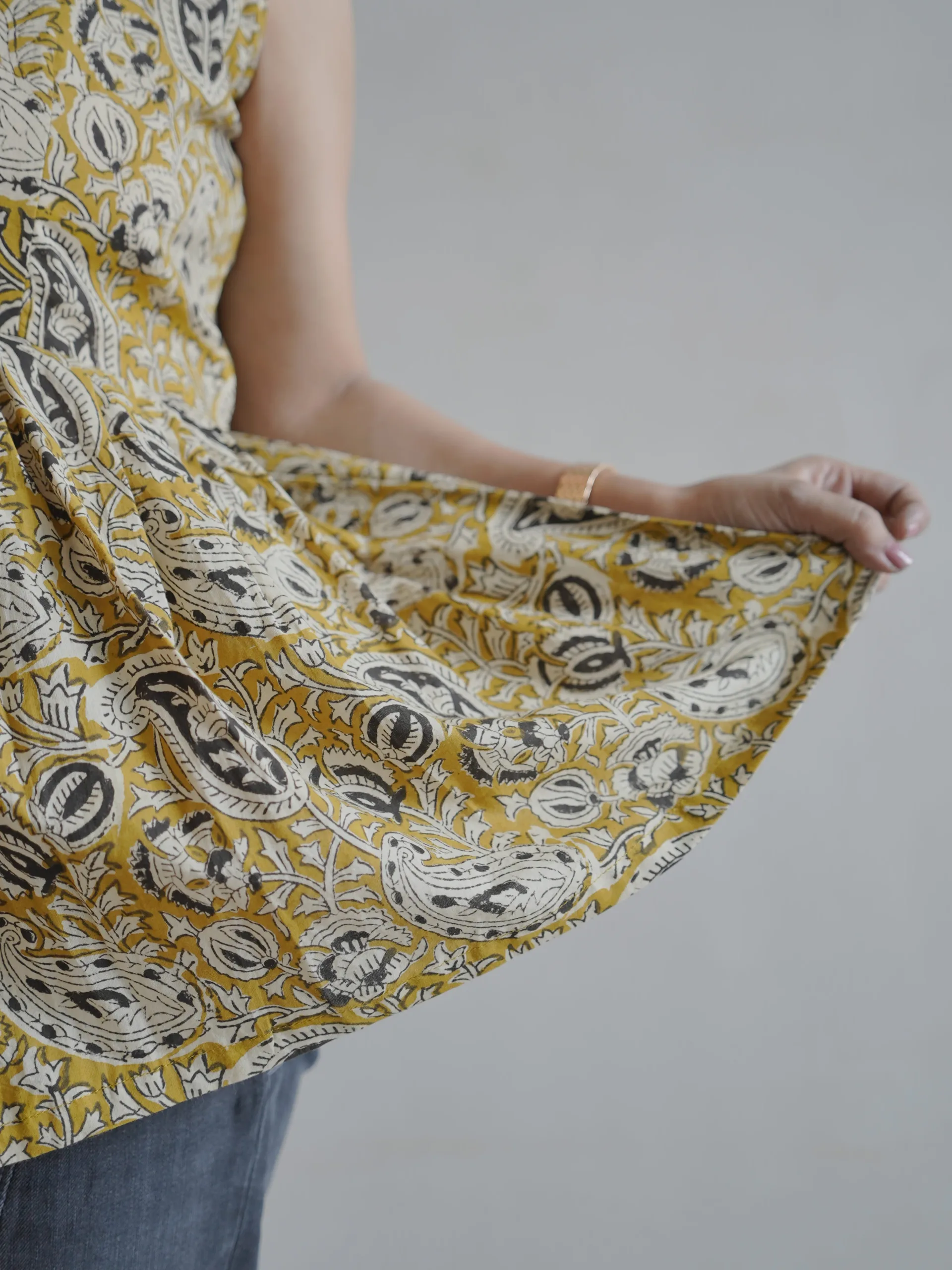 ZVE06983 Mustard Handblock Cotton Tie Strap Top - Image 2