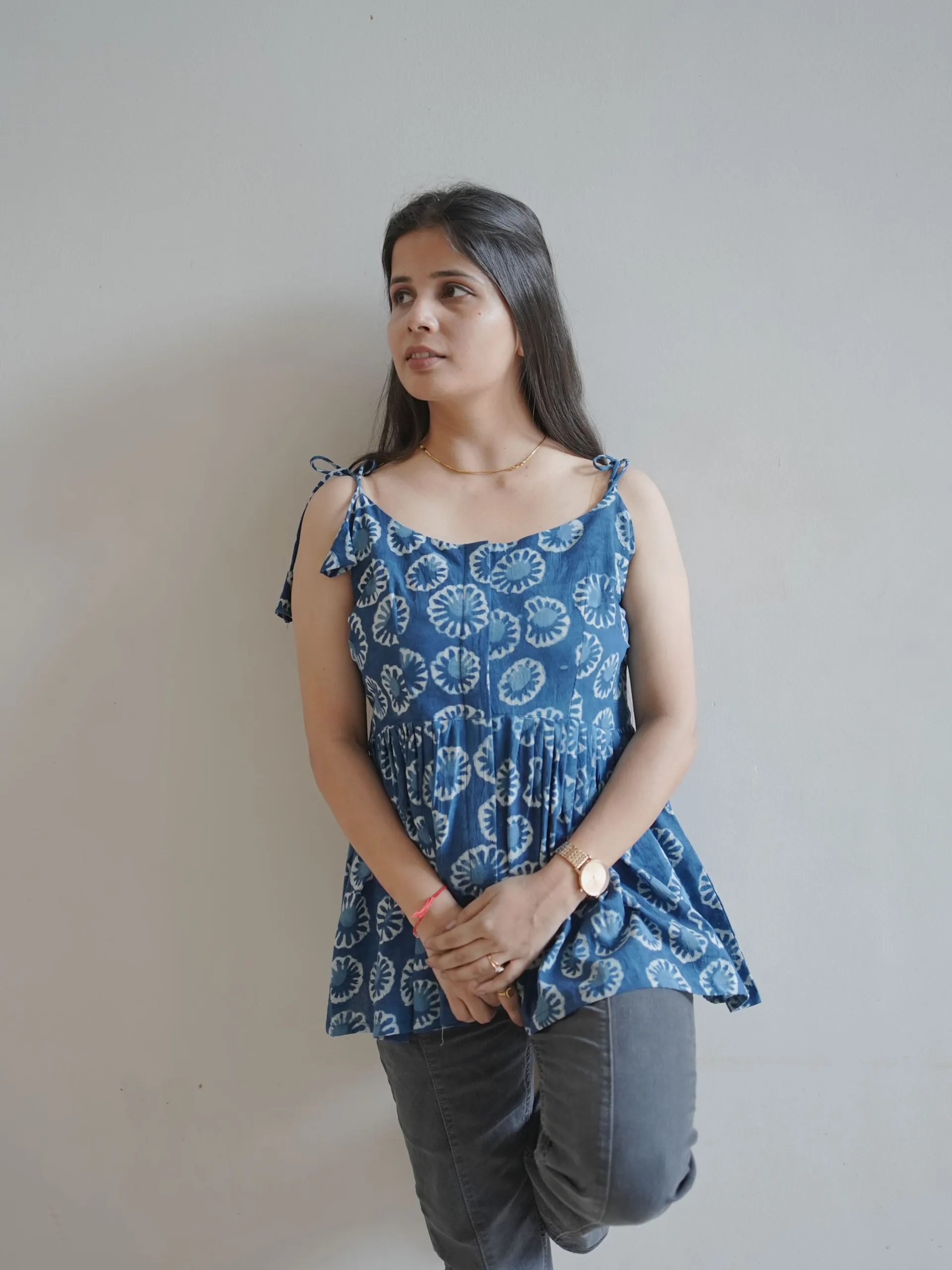 ZVE06993 Indigo Handblock Cotton Tie strap top - Image 3