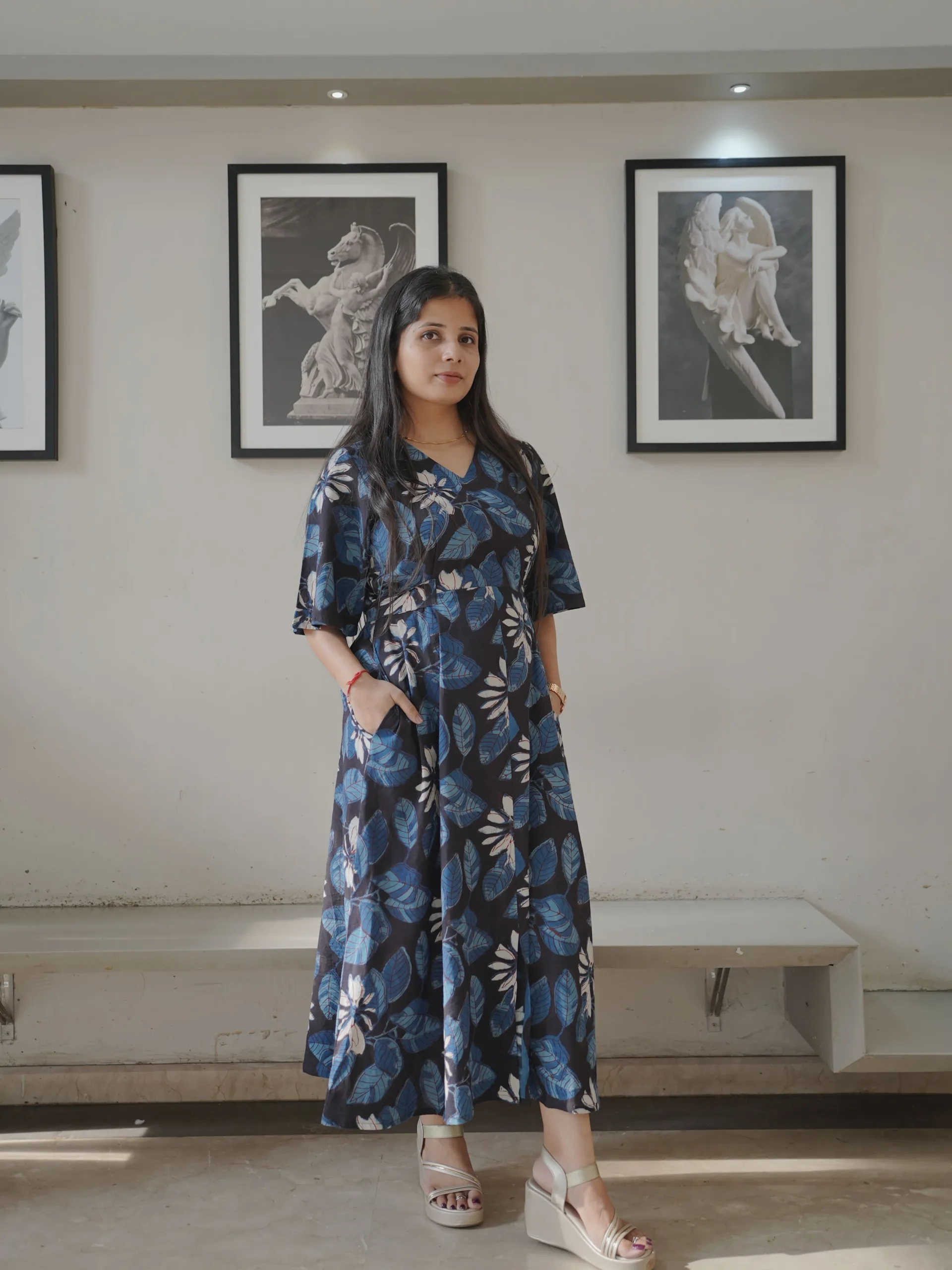 ZVE07032 Handblock Floral Cotton Dress - Image 1