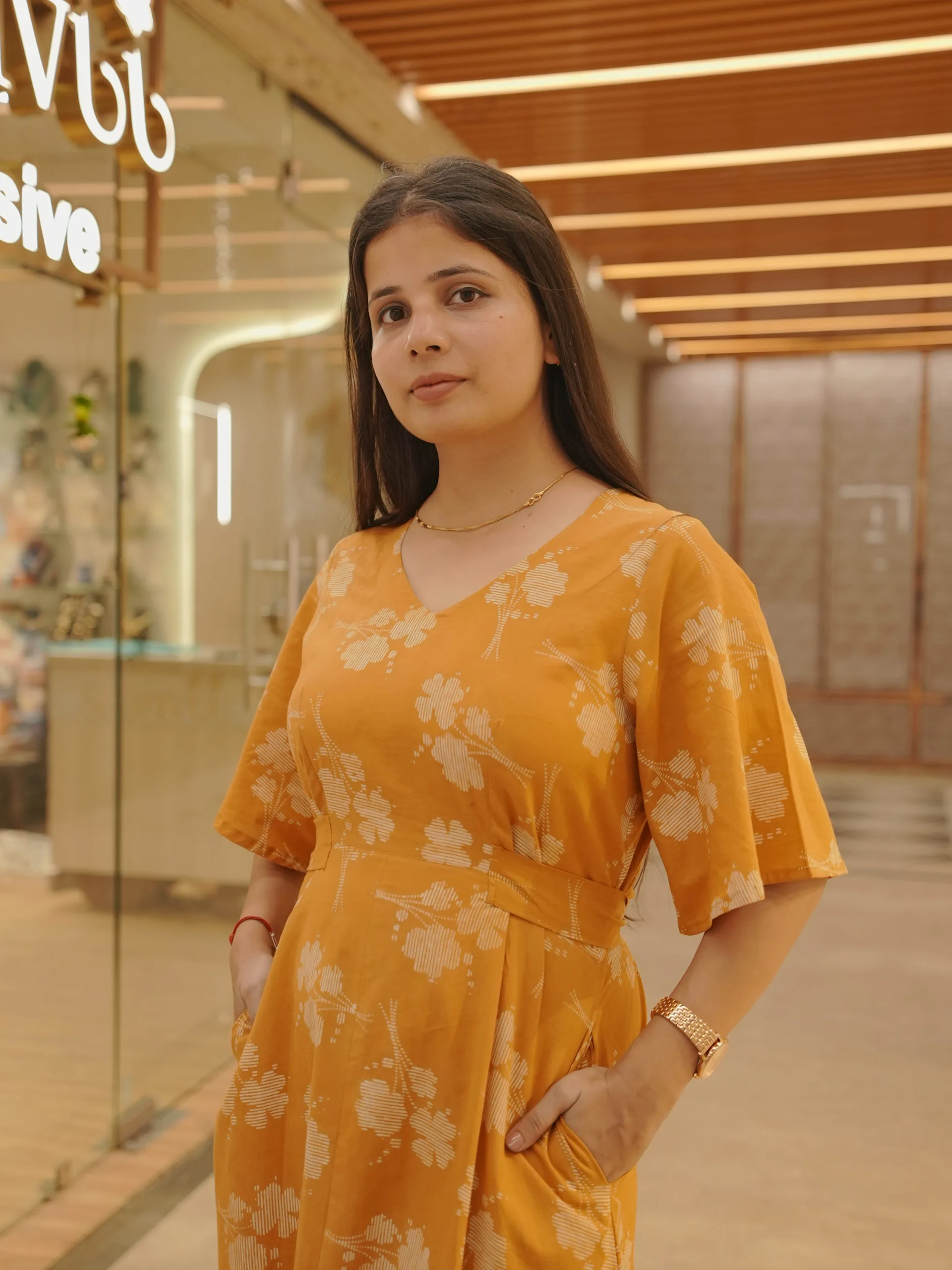 ZVE07069 Mustard Yellow Floral Cotton Dress - Image 3