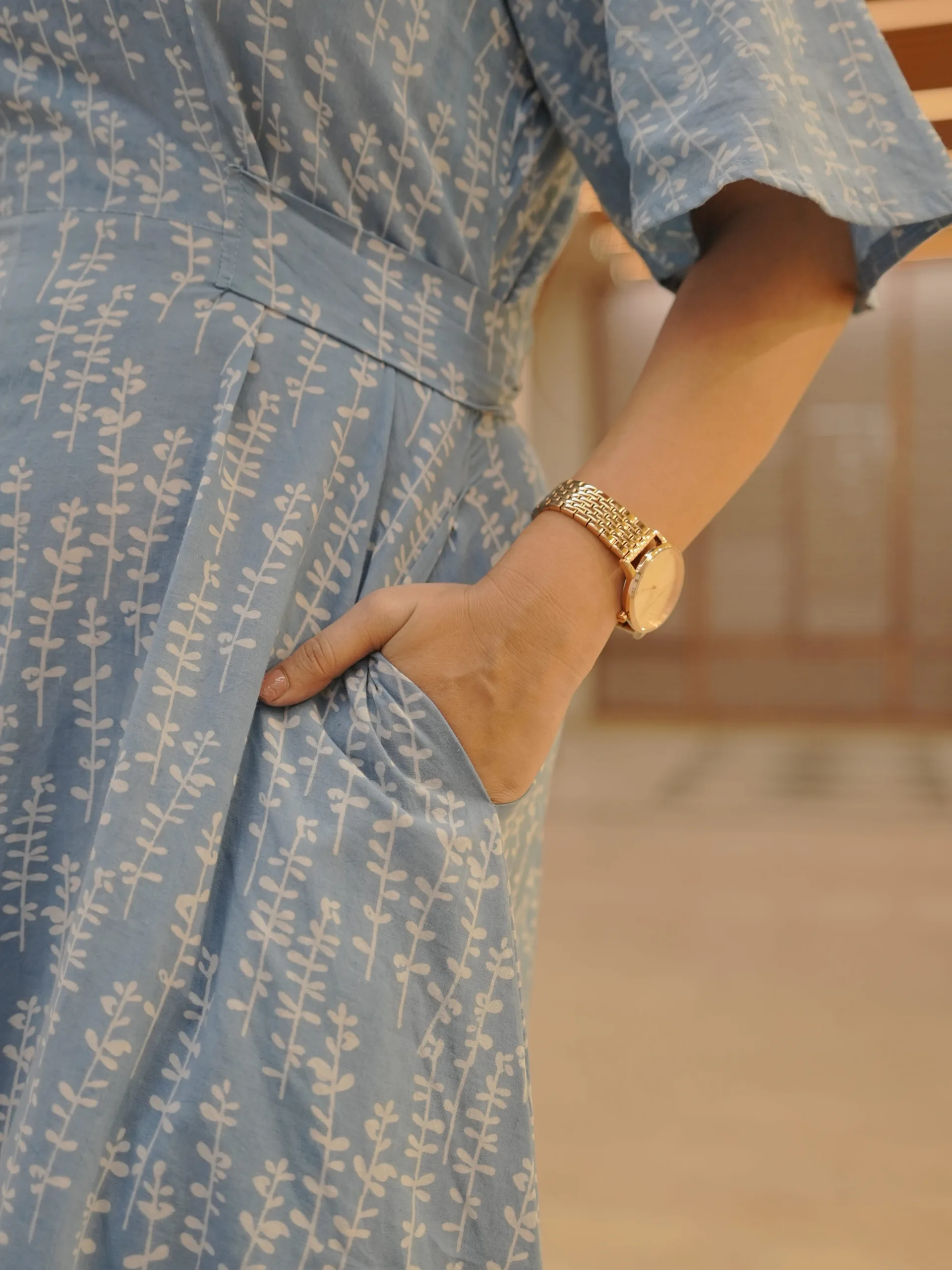 ZVE07088 Flowy Sky Blue Handcrafted Cotton Dress - Image 2