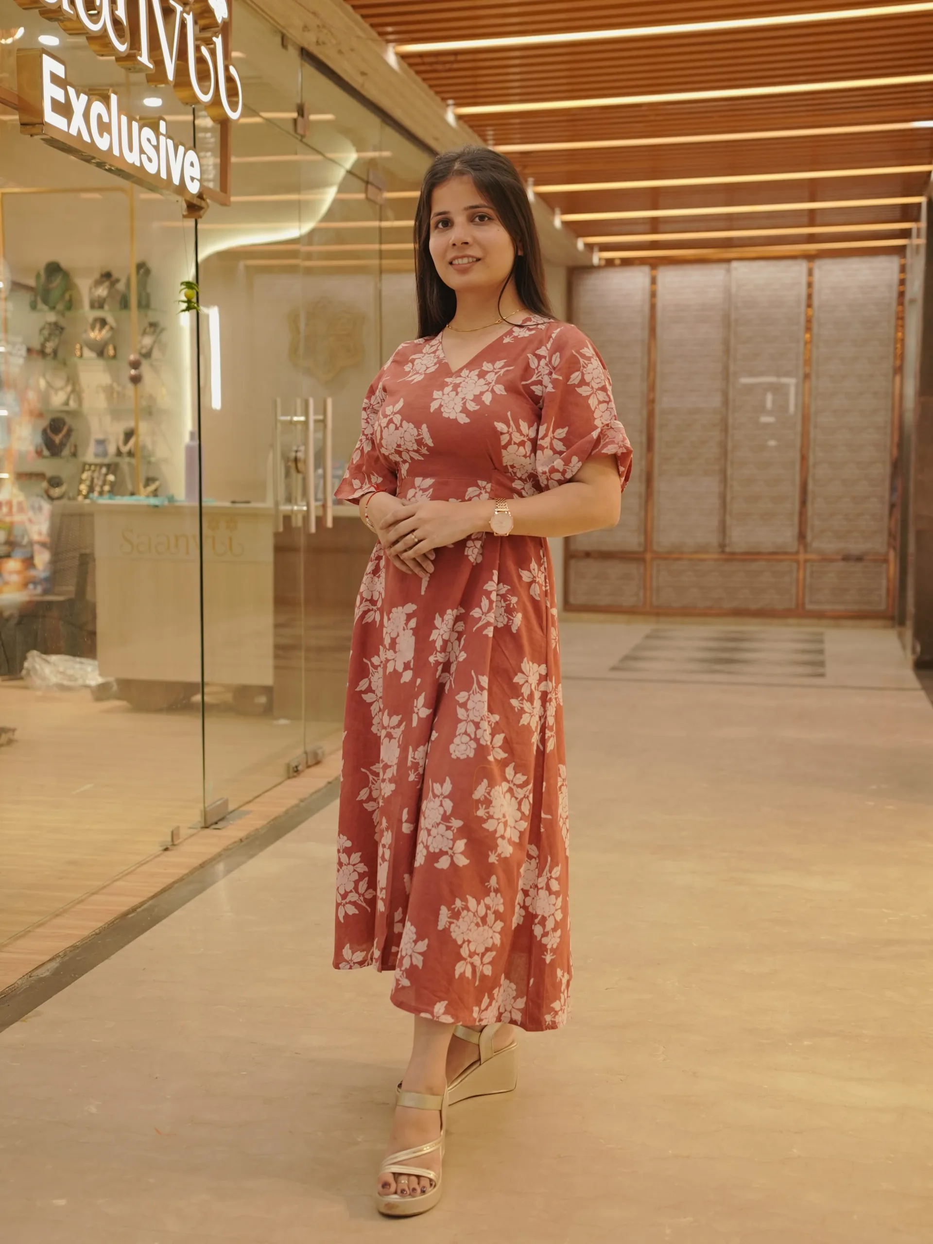 Peachish red Floral Cotton Dress