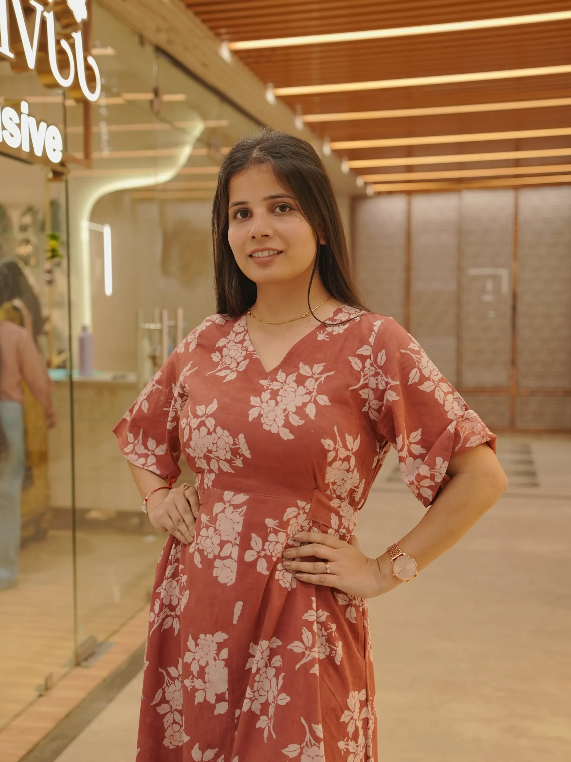 ZVE07097-min Peachish red Floral Cotton Dress - Image 2