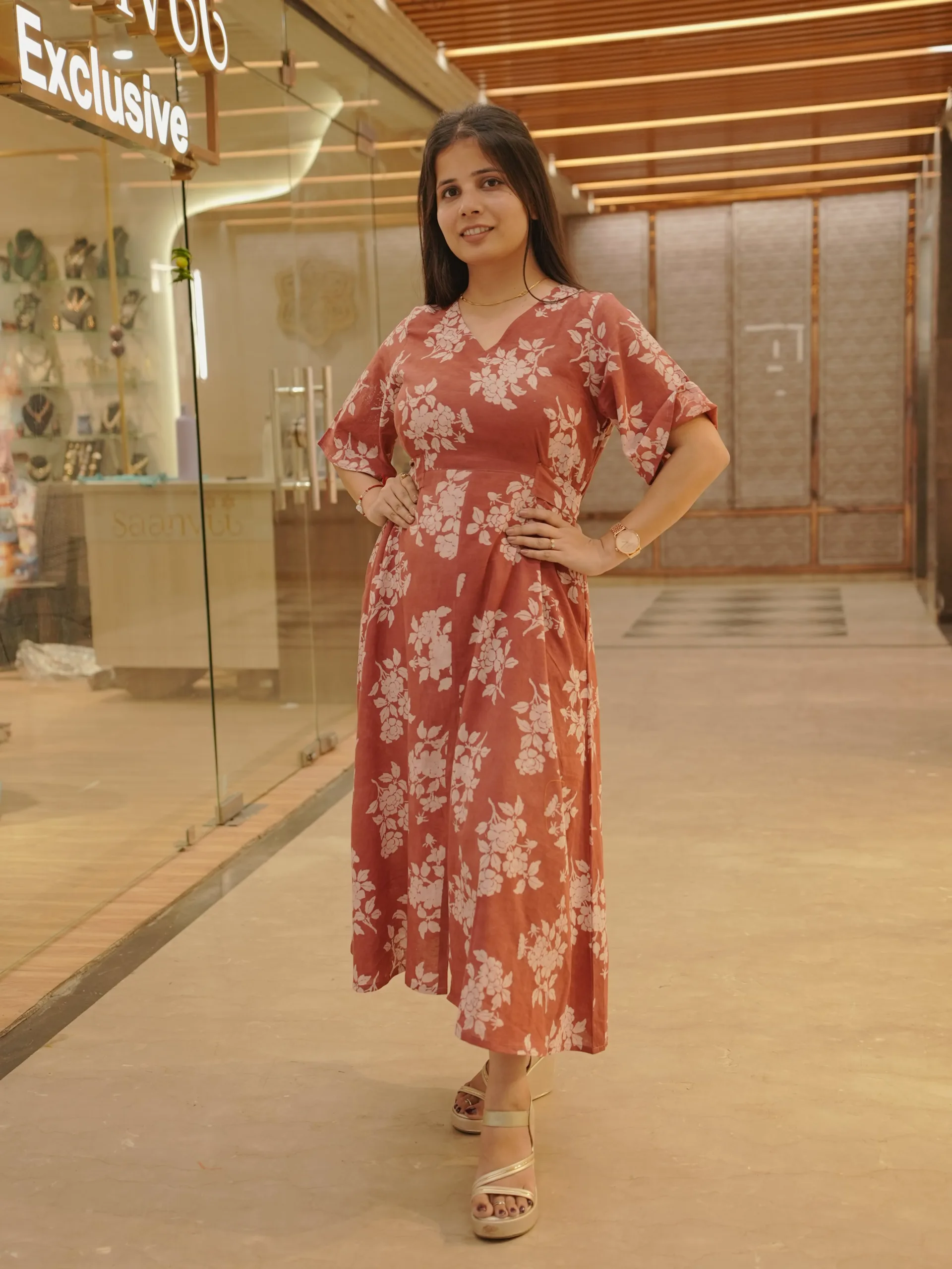 ZVE07100-min Peachish red Floral Cotton Dress - Image 3