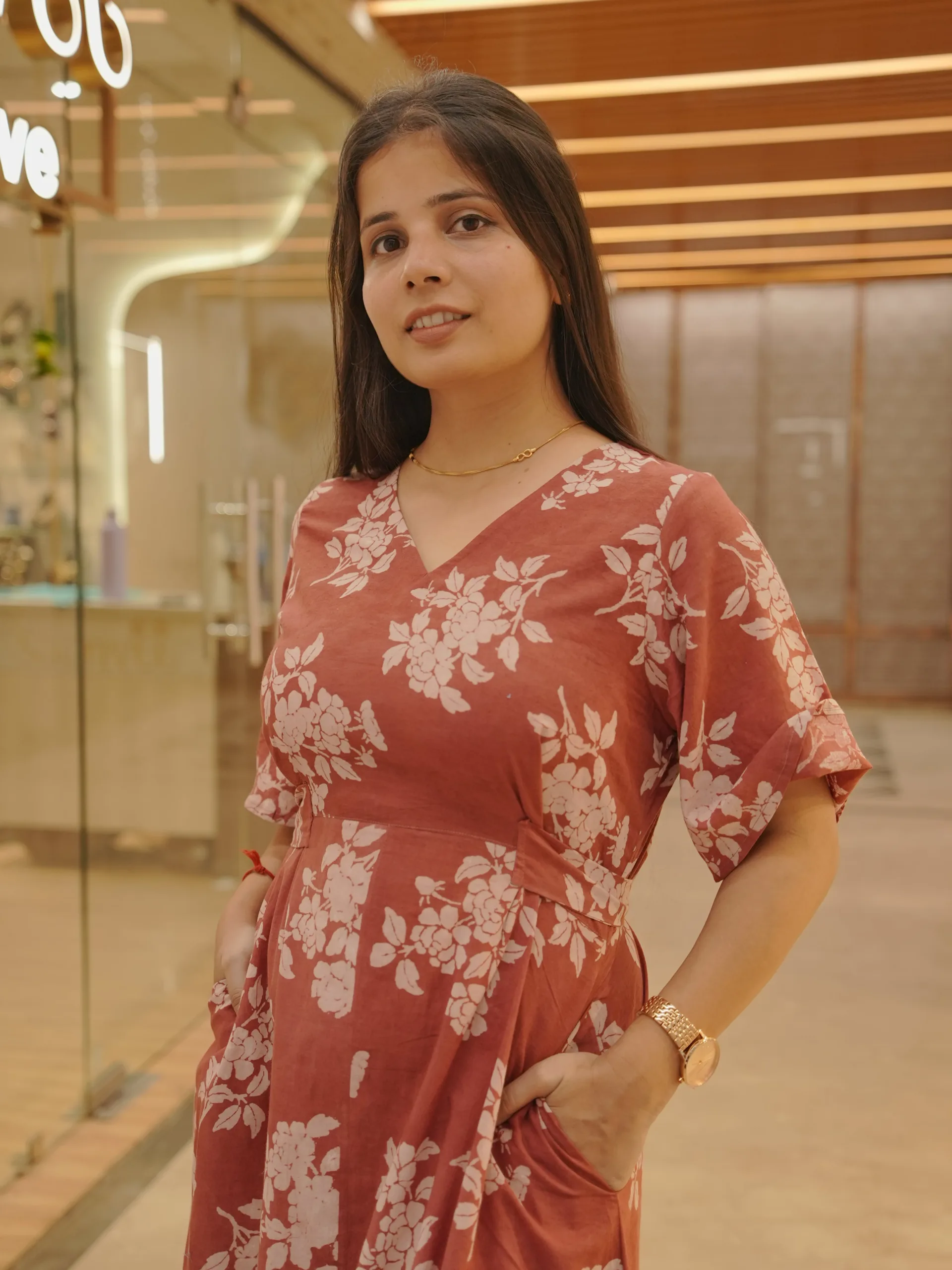 ZVE07104-min Peachish red Floral Cotton Dress - Image 5