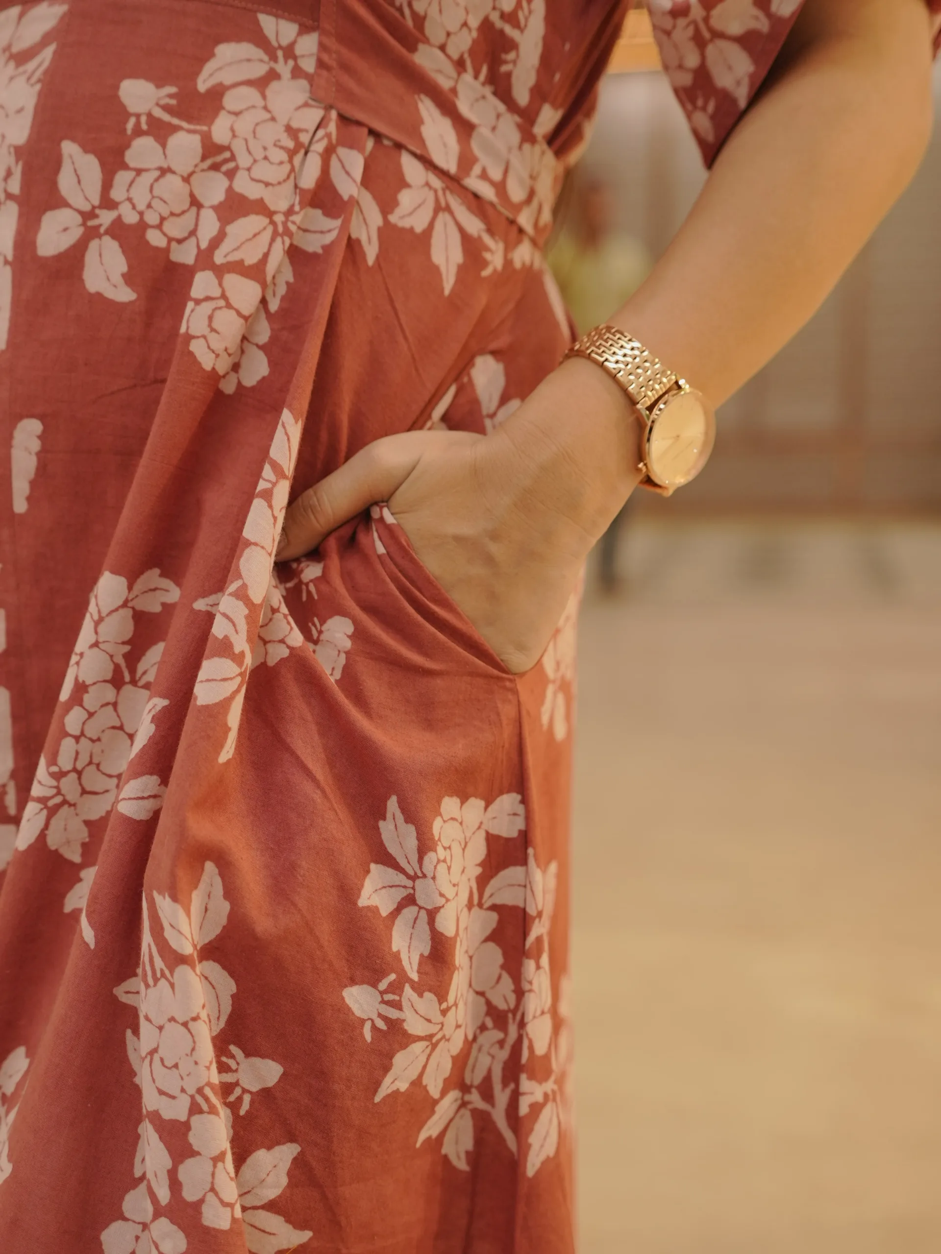 ZVE07105-min Peachish red Floral Cotton Dress - Image 4