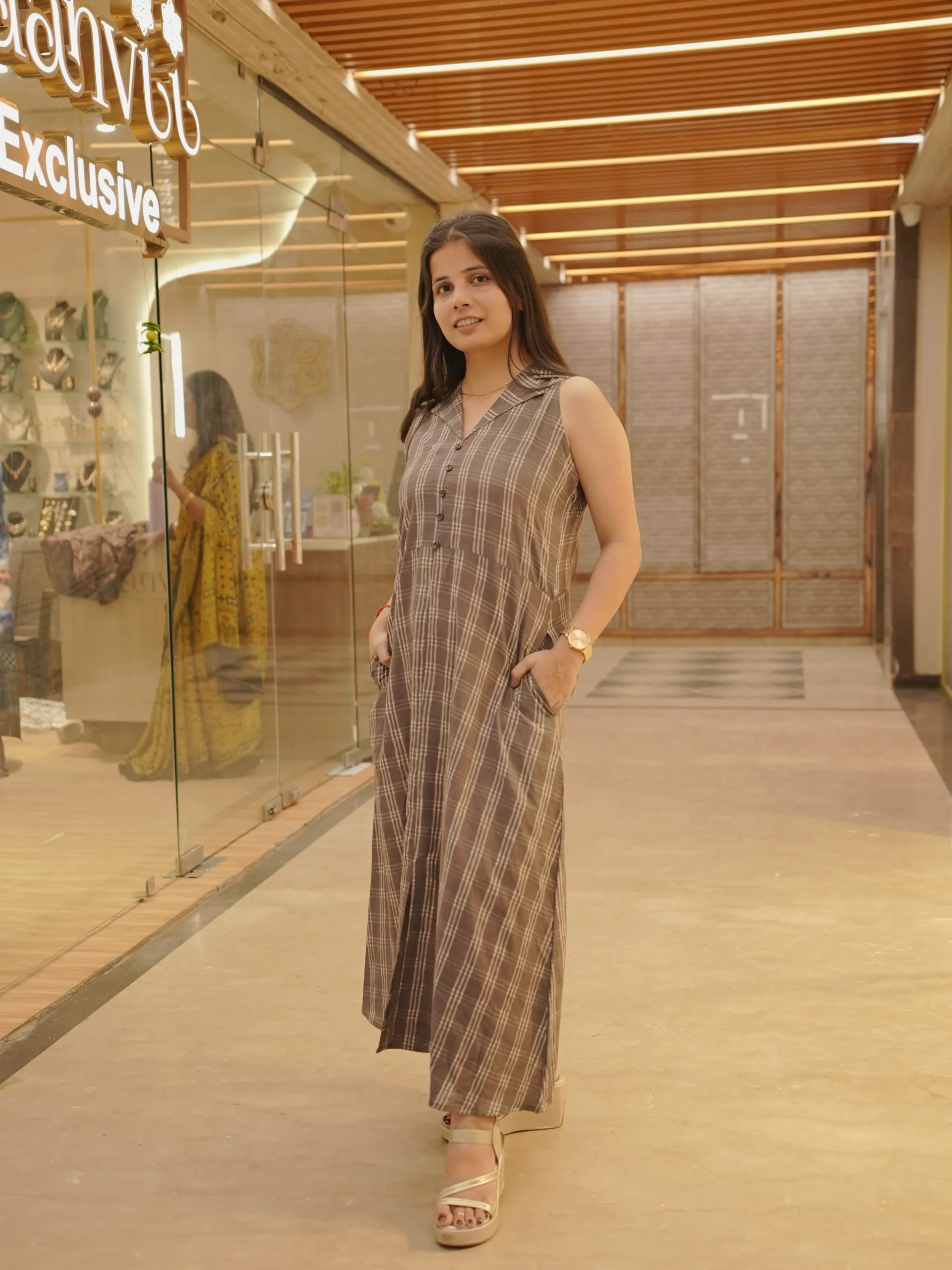 ZVE07141 Handwoven Brown Cotton Dress - Image 4