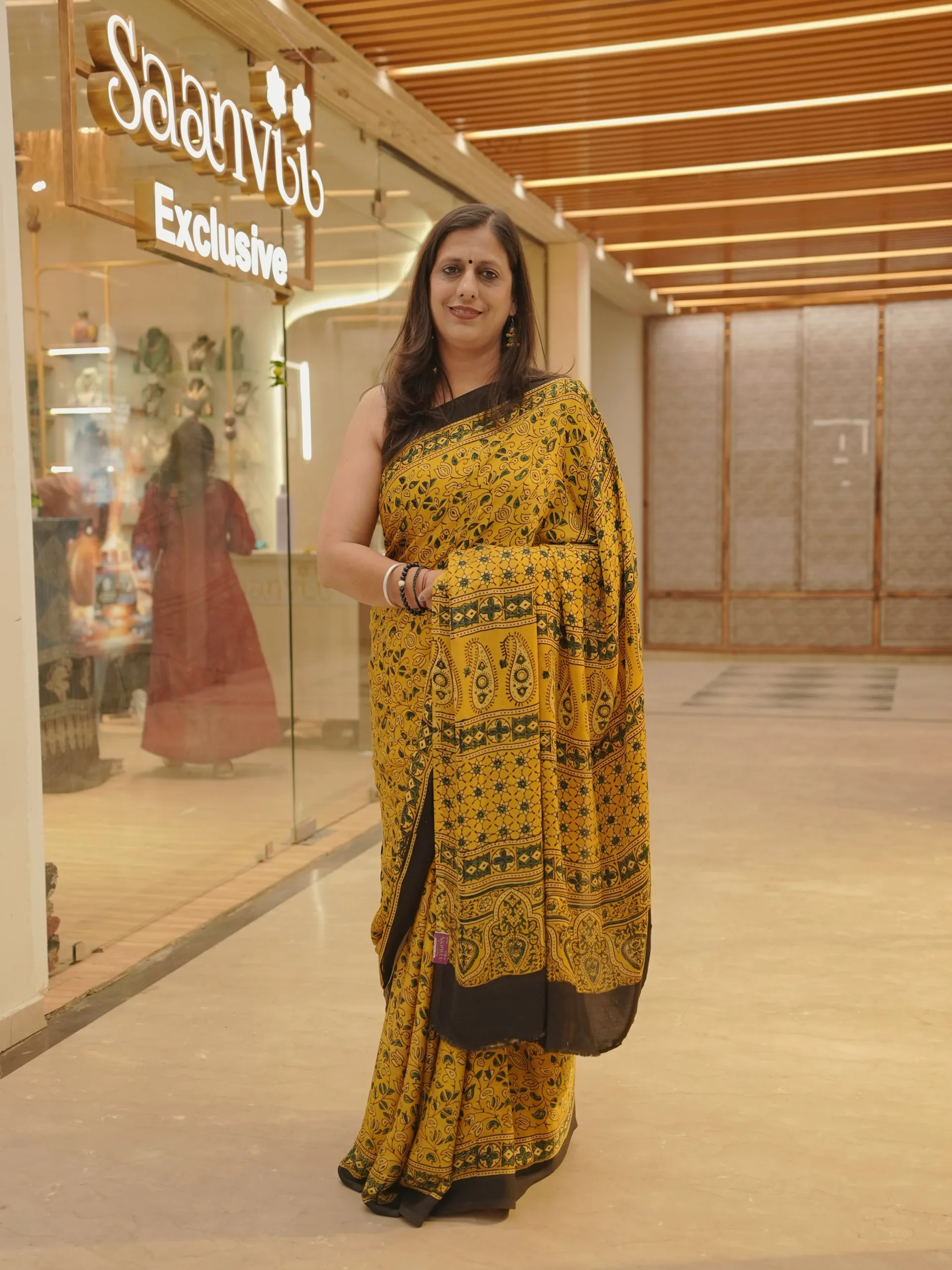 Mustard Black Modal Silk Handblock Saree