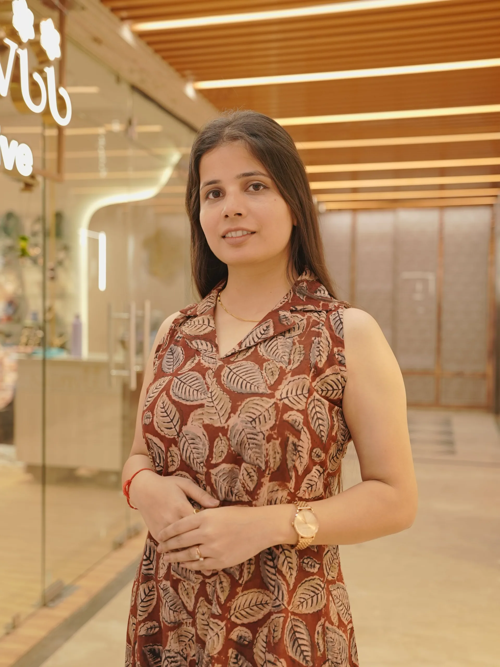 ZVE07190-min Rust Leaf Handblock Cotton Dress - Image 4