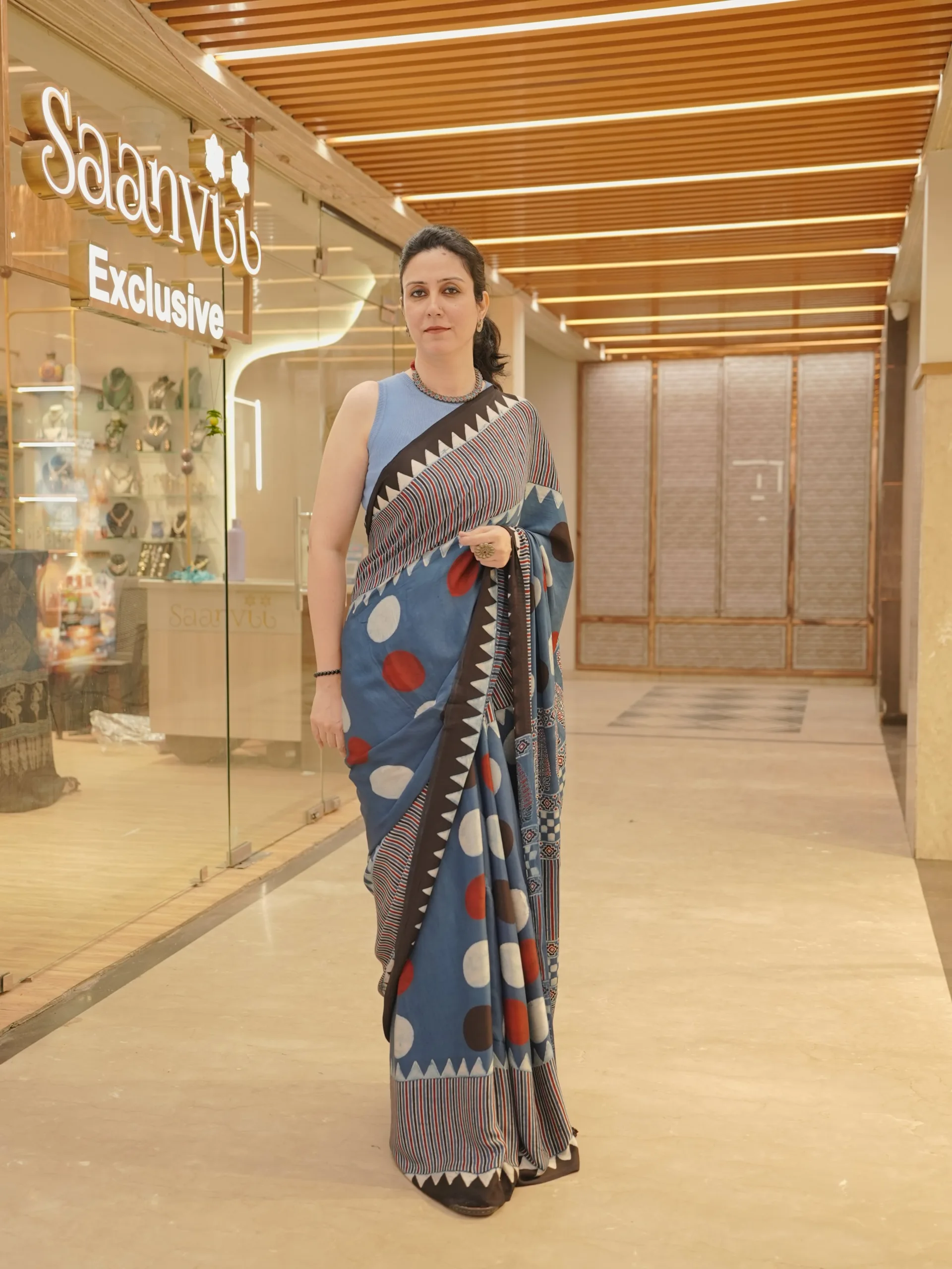 Geometric print blue Modal Silk Handblock Saree