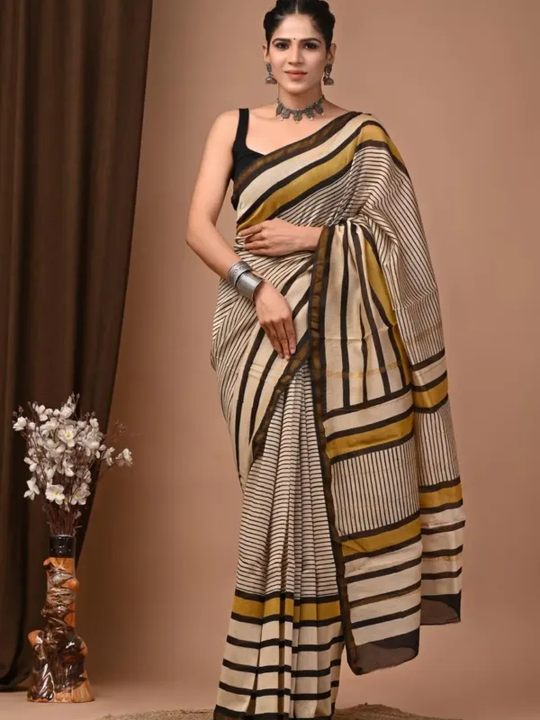 Cream Mustard Striped Chanderi Handblock Saree
