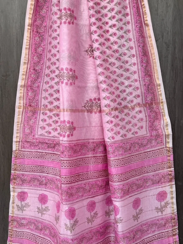 Chanderi Handblock Saree – Rose Pink Floral