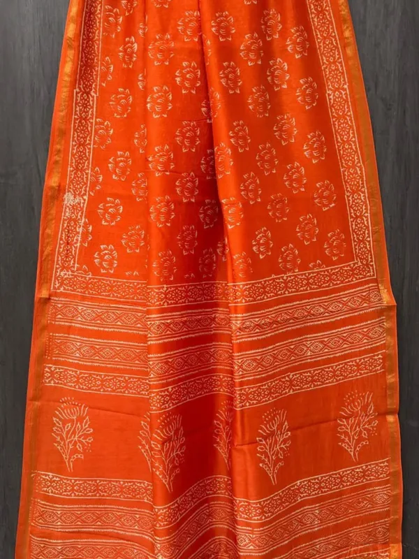 Orange Floral Chanderi Handblock Saree
