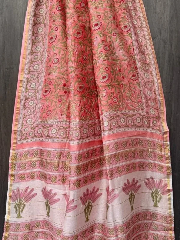 Pink Floral Chanderi Handblock Saree