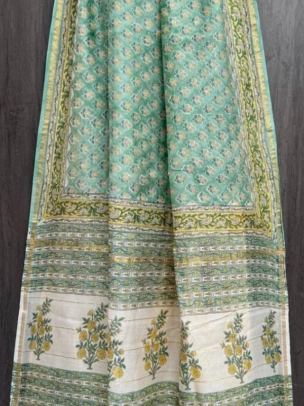 Mint Green Buti Chanderi Handblock Saree